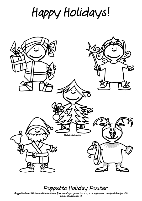 Poppetto Christmas poster in black and white to color yourself. Click here or on the image for the PDF