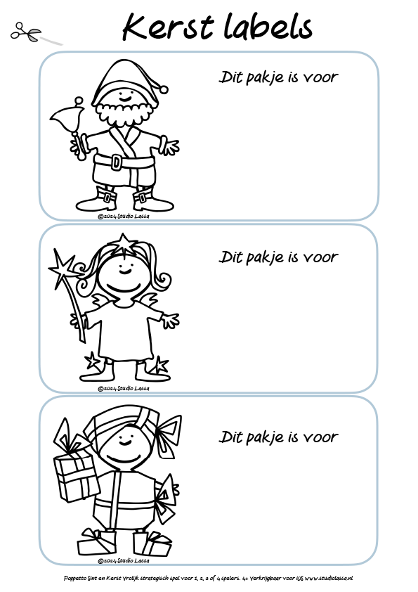 6 Poppetto Kerst labels in zwart-wit om zelf te kleuren. Klik hier of op de afbeelding voor de PDF